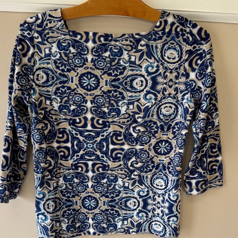 Chico's Navy and White Patterned Boatneck 3/4 Sleeve Top - Picture 6 of 7